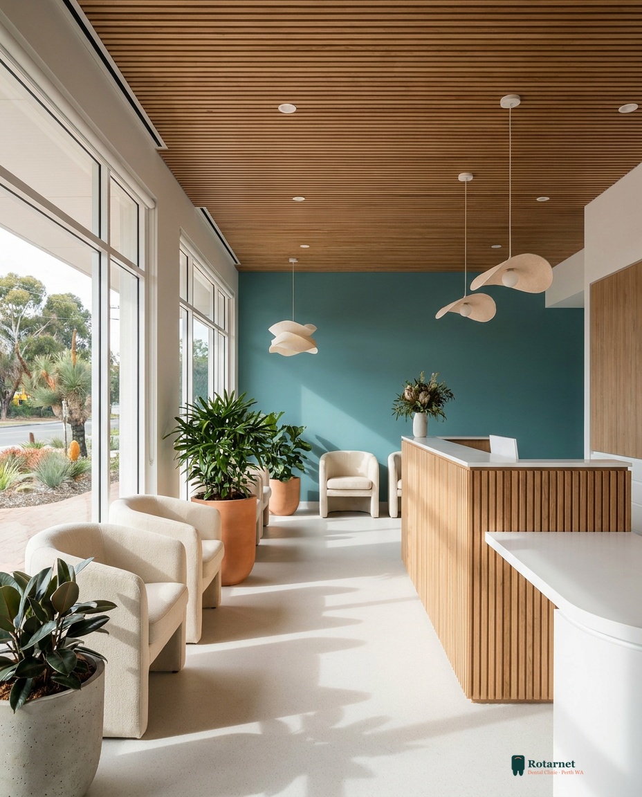 Modern dental clinic interior with warm timber and teal accents, Perth WA